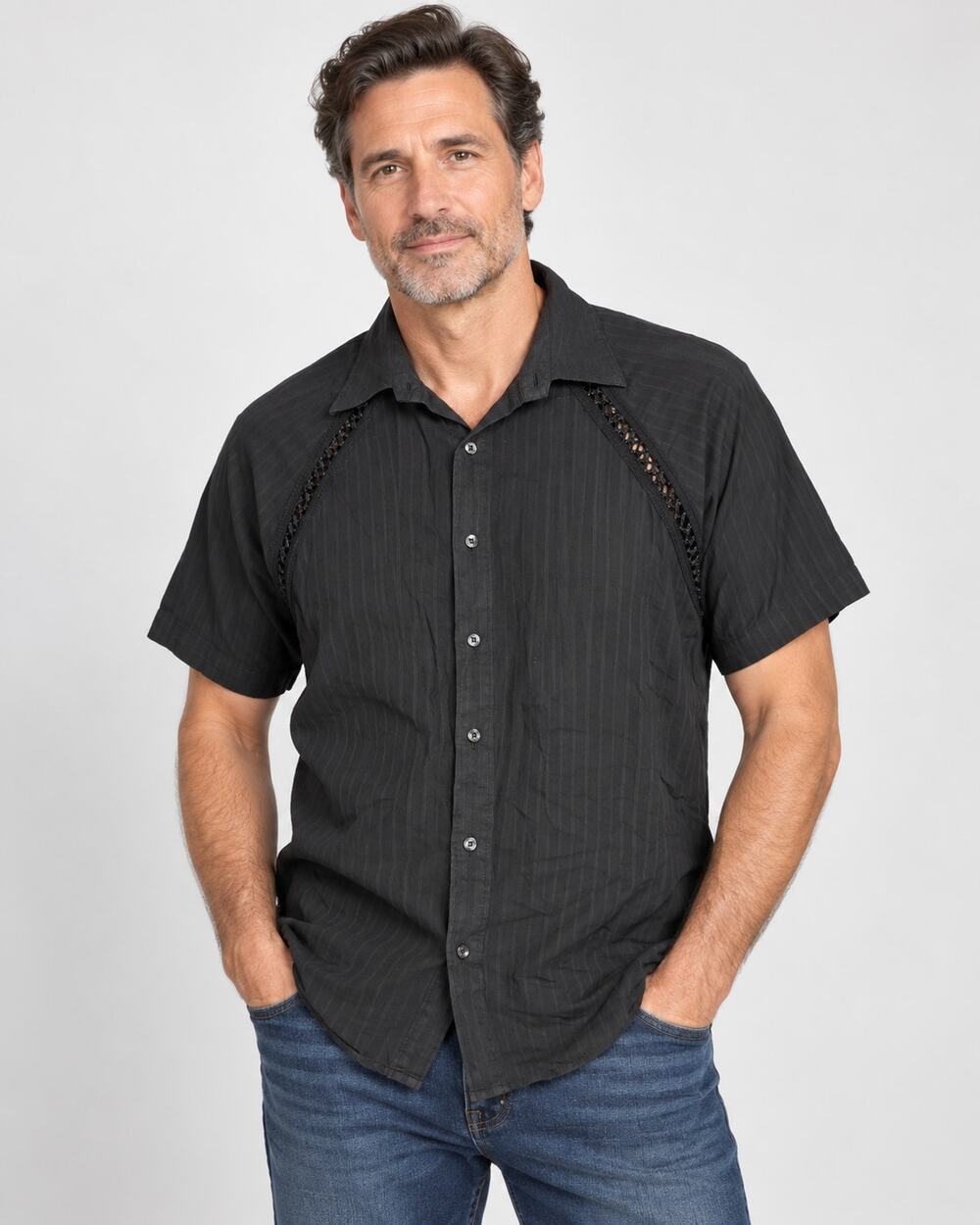 Pistol Pete Black Pinstripe Lace Trim Shirt Large 44" Chest Made in USA